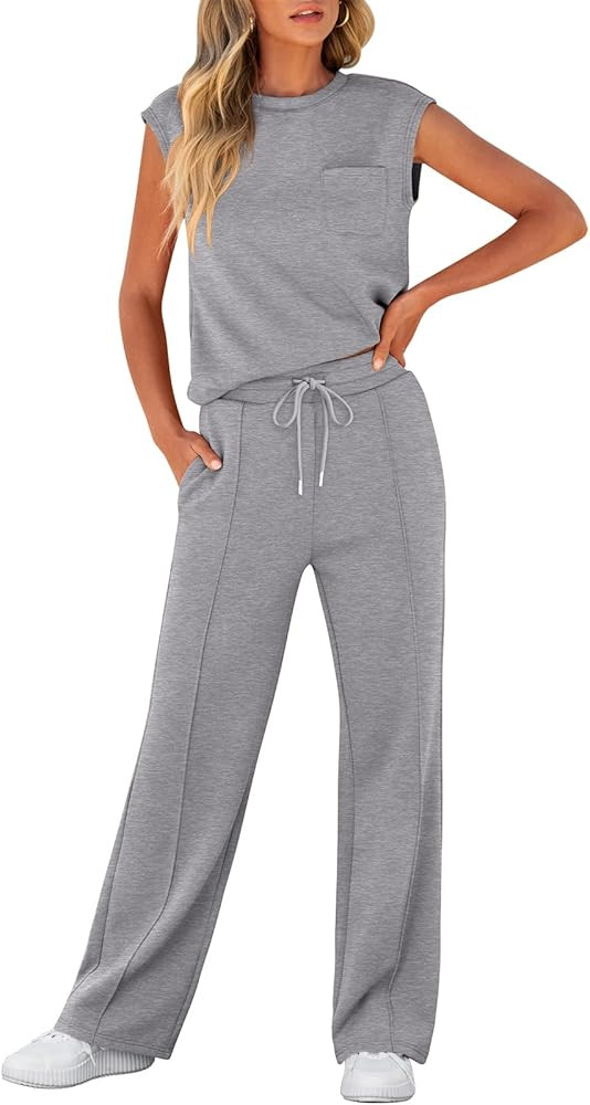 ANRABESS Women's Summer 2 Piece Outfits Casual Sleeveless Sweatsuits Matching Wide Leg Tracksuits... | Amazon (US)