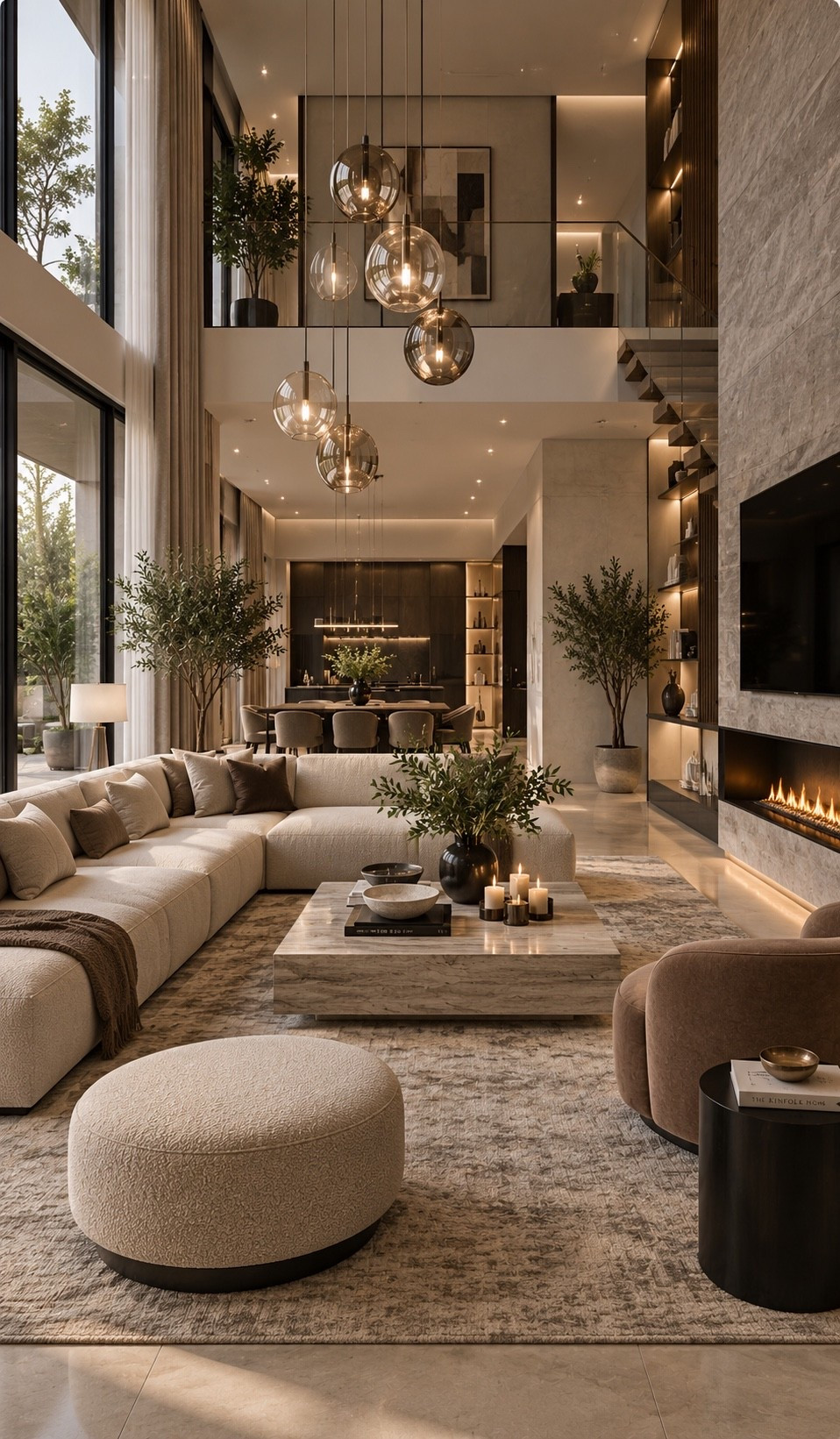 Shop This Room — link below. Recreate this breathtaking double-height living room with an oversized cream sectional, sculptural bouclé seating, warm stone fireplace and dramatic statement lighting. Layered neutral textures, marble accents, soft greenery and warm ambient lighting create an elevated modern luxury home that feels sophisticated yet inviting.

#LuxuryLivingRoom #LivingRoomInspo #ModernLivingRoom #DoubleHeightLivingRoom #LivingRoomDecor #QuietLuxury #LuxuryInteriors #NeutralLivingRoom #ModernLuxury #LuxuryHome #InteriorDesign #HomeDecor #DesignerHome #LivingRoomIdeas #ElegantInteriors #NeutralHome #InteriorInspo #DreamHome #HighCeilingLivingRoom #ModernHome #LTKHome #LTKFinds #HomeFinds #LuxuryDecor #HomeInspiration