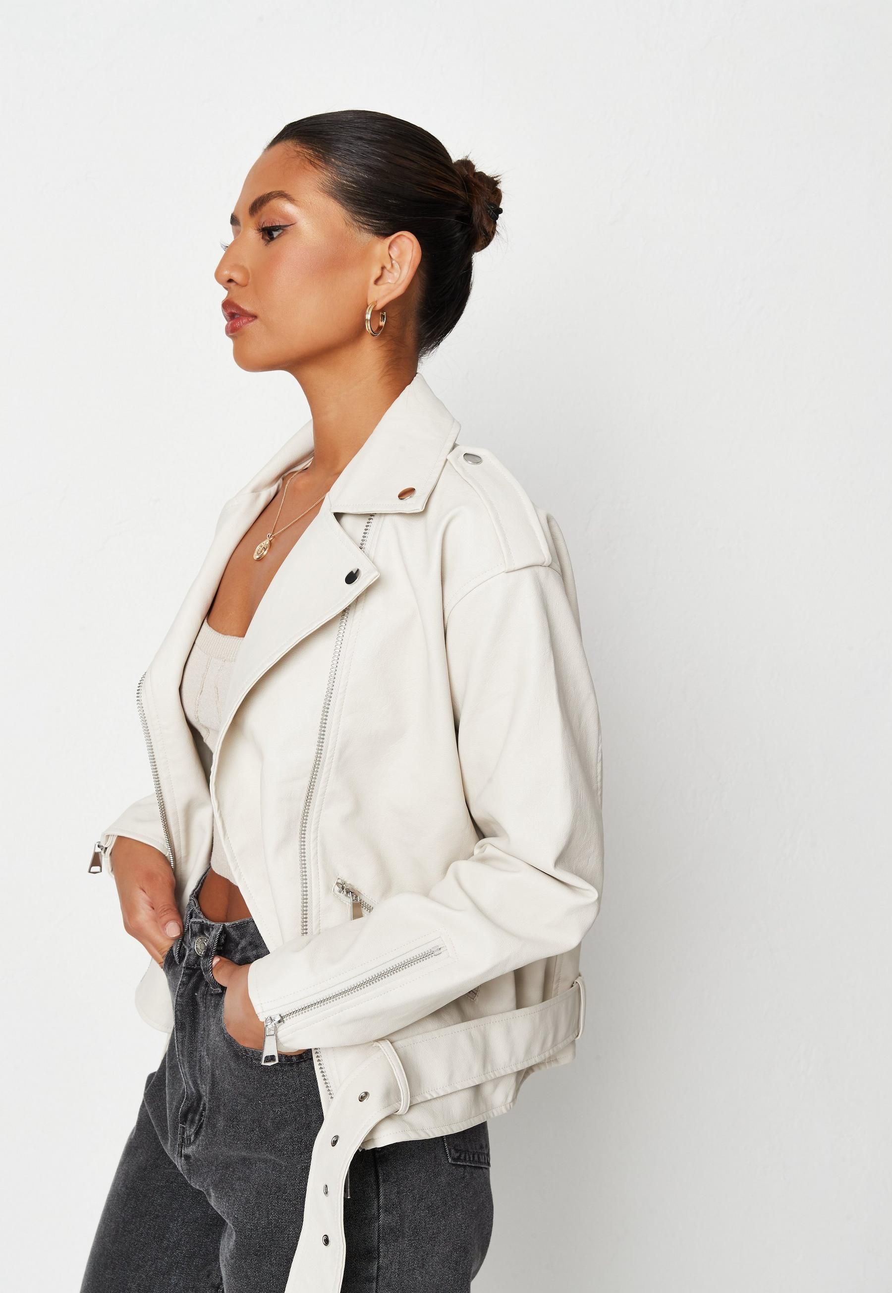Missguided - Cream Faux Leather Oversized Biker Jacket | Missguided (US & CA)
