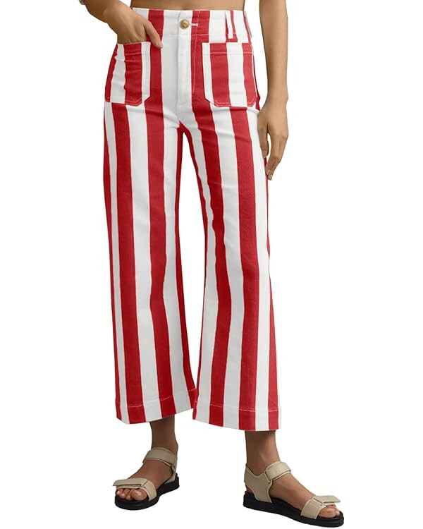 Tankaneo Womens Cropped Striped Jeans Casual High Waisted Stretchy Straight Leg Denim Pants with ... | Amazon (US)