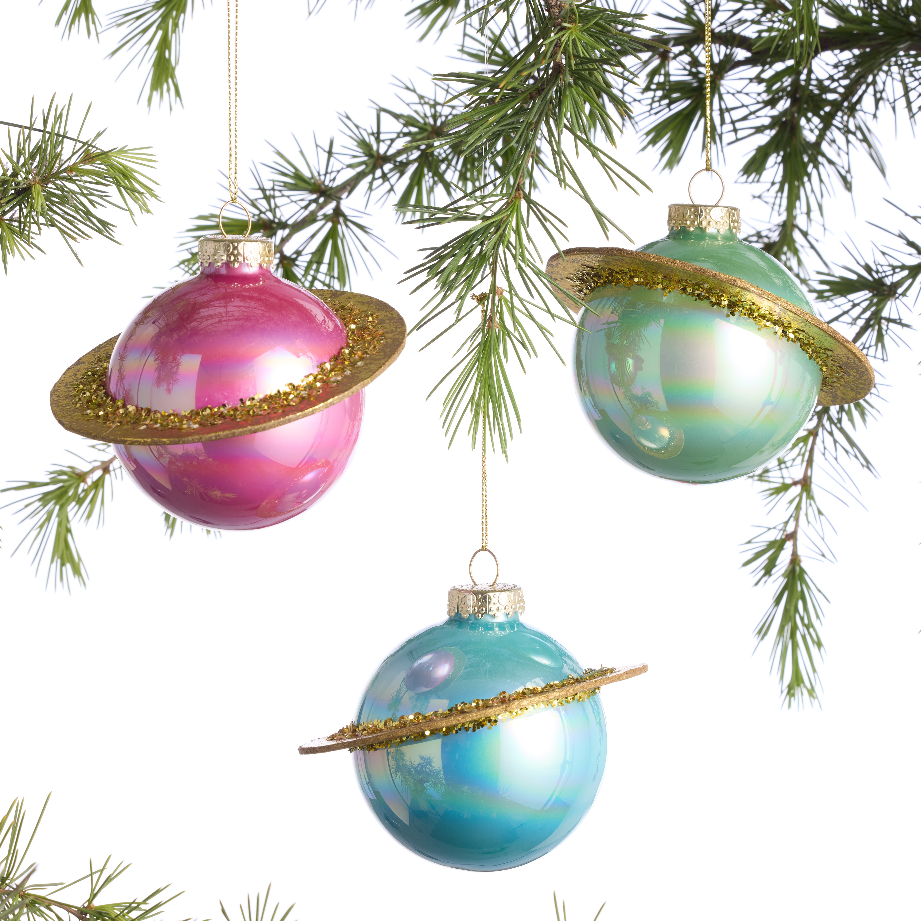 Iridescent Glass Planet with Gold Ring Ornaments Set of 3 | World Market