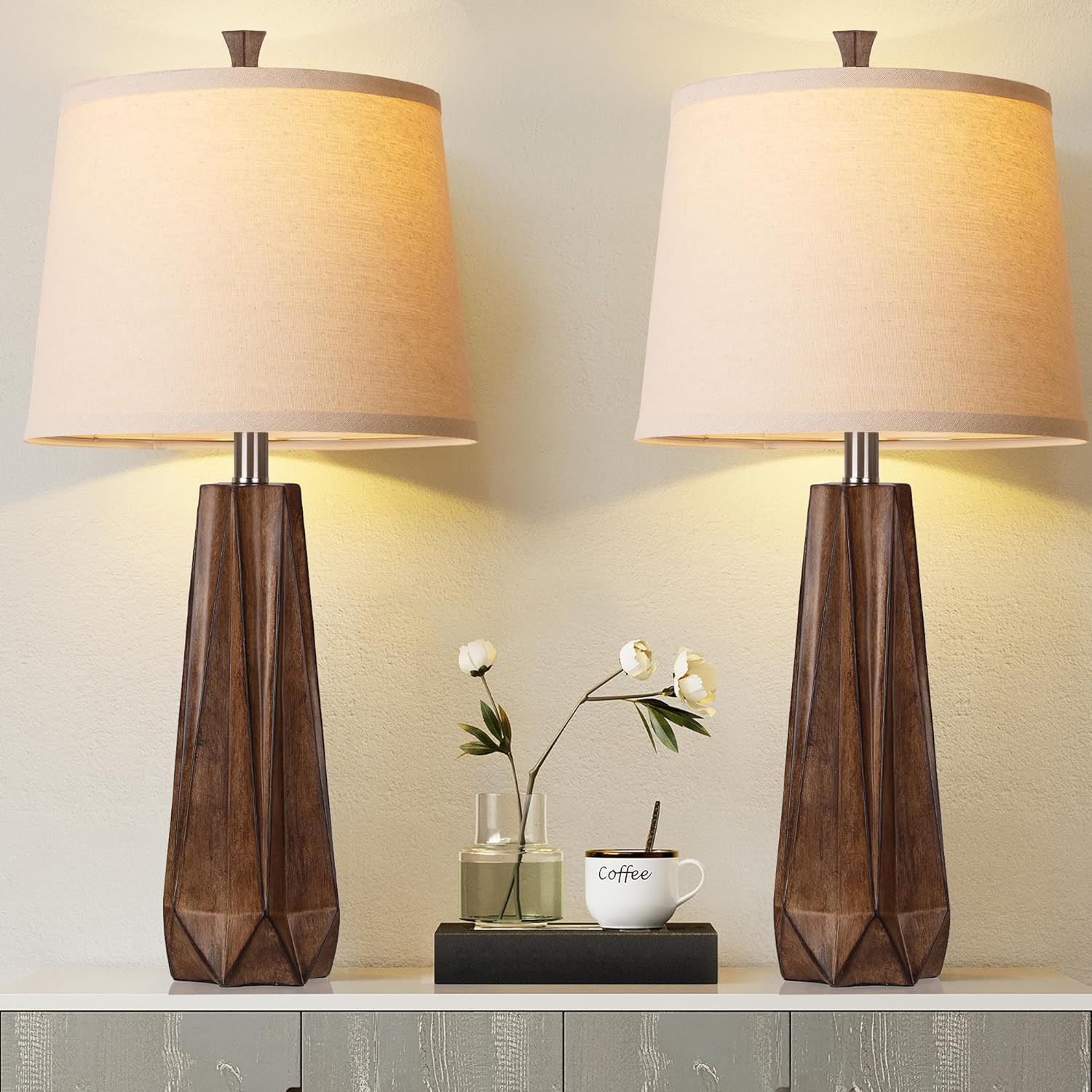 27" Wood Grain Resin Table Lamp Set of 2,Modern Beside Lamp for Decor | Amazon (US)