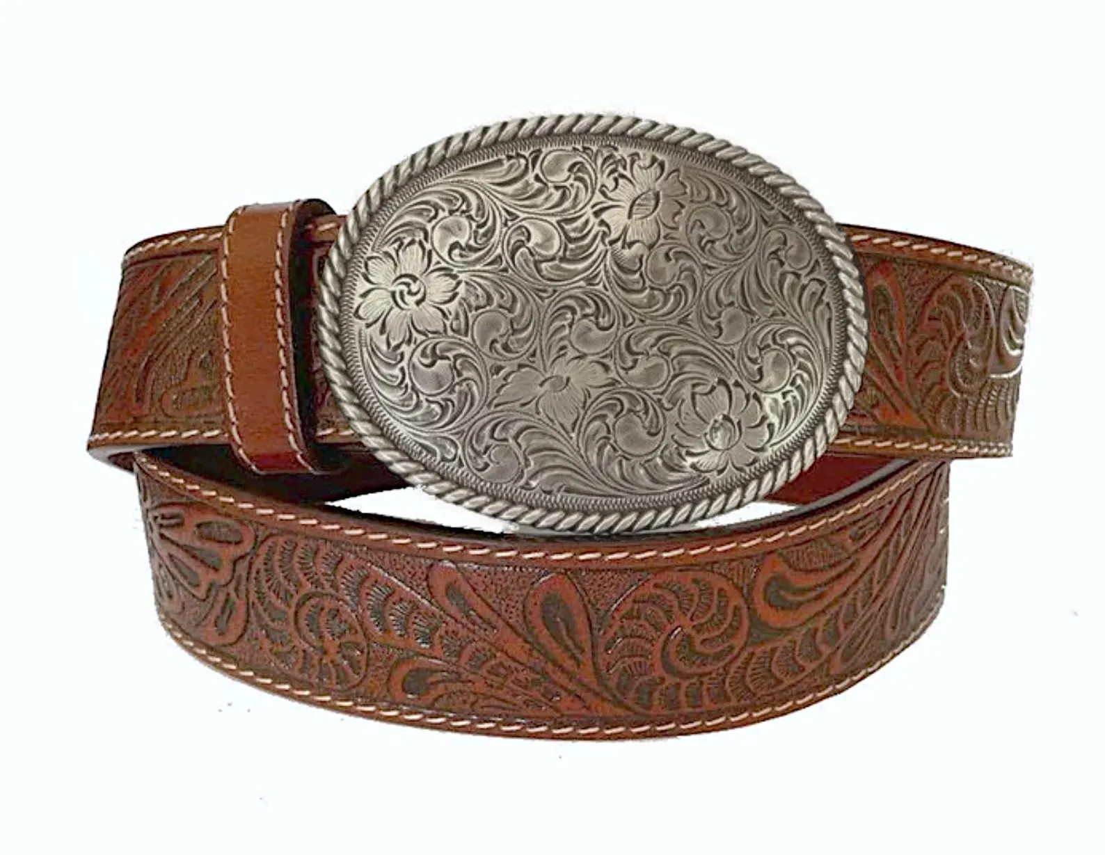 Tooled Brown Leather Western Belt: Oval Buckle, Removable Strap - Etsy | Etsy (US)