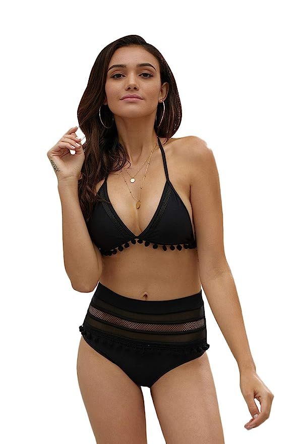 Women's High Waist Two Pieces Halter Bikini Set Striped Tassel Swimsuit | Amazon (US)