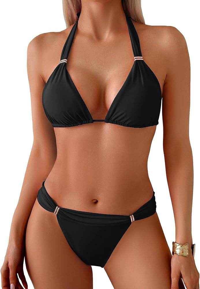 TASHEHE Women's Triangle Ruched Bikini Set Sexy Two Piece Swimsuit Halter Sliding Rings Bathing S... | Amazon (US)
