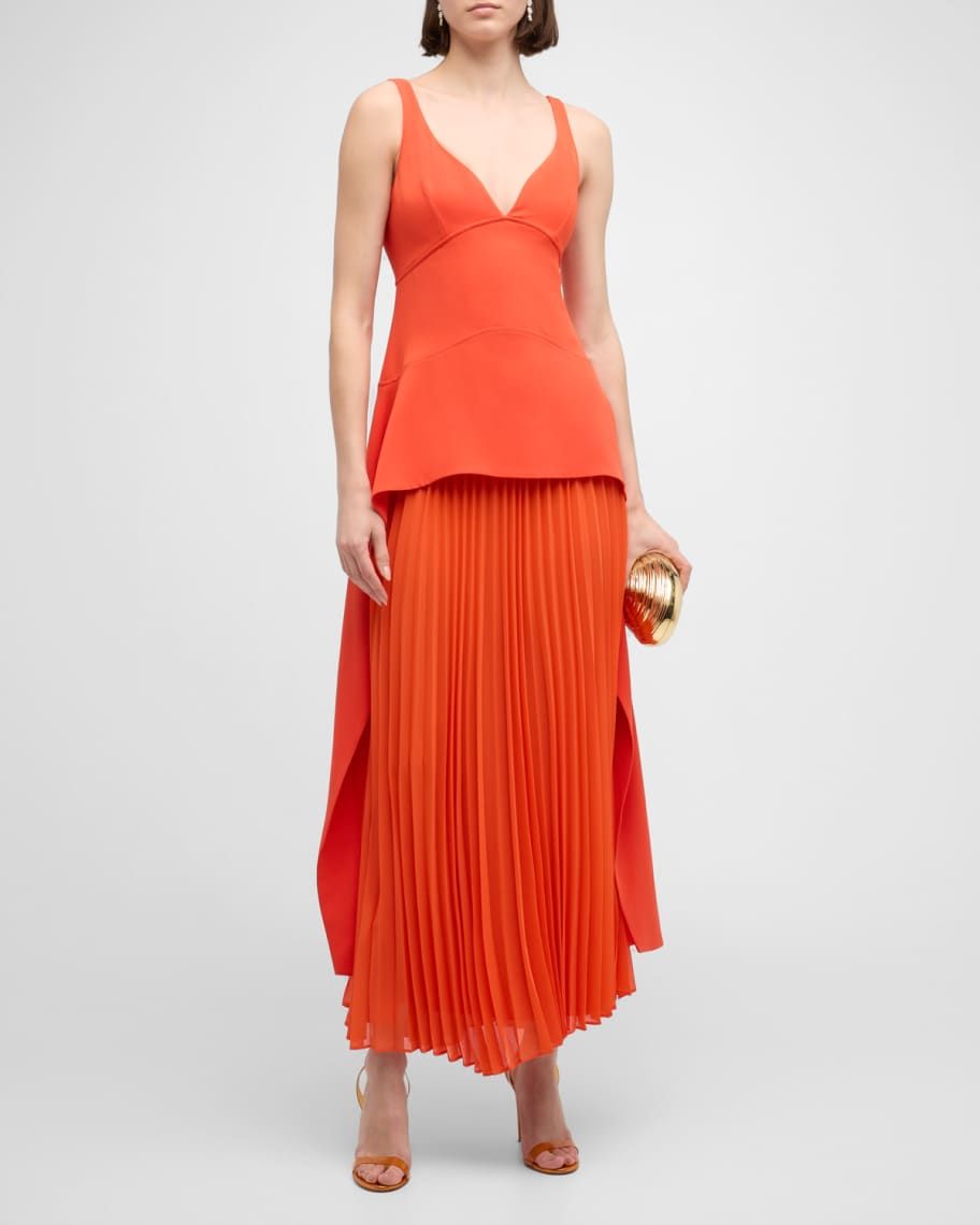 Sequoia Pleated Combo Sleeveless V-Neck Midi Dress | Neiman Marcus