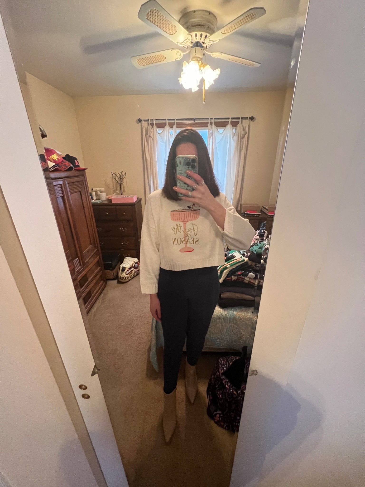 Martini glass white sweater (xs). Velvet navy blue leggings (small). Beige ankle boots (8.5). #sweater #martiniglasssweater #whitesweater #leggings #navyblueleggings #velvetleggings #boots #ankleboots #beigeankleboots #nyeoutfit #nyeparty #newyearseveoutfit 
nye outfit
nye party
New Year’s Eve outfits
winter outfits women

#LTKFindsUnder100 #LTKSeasonal