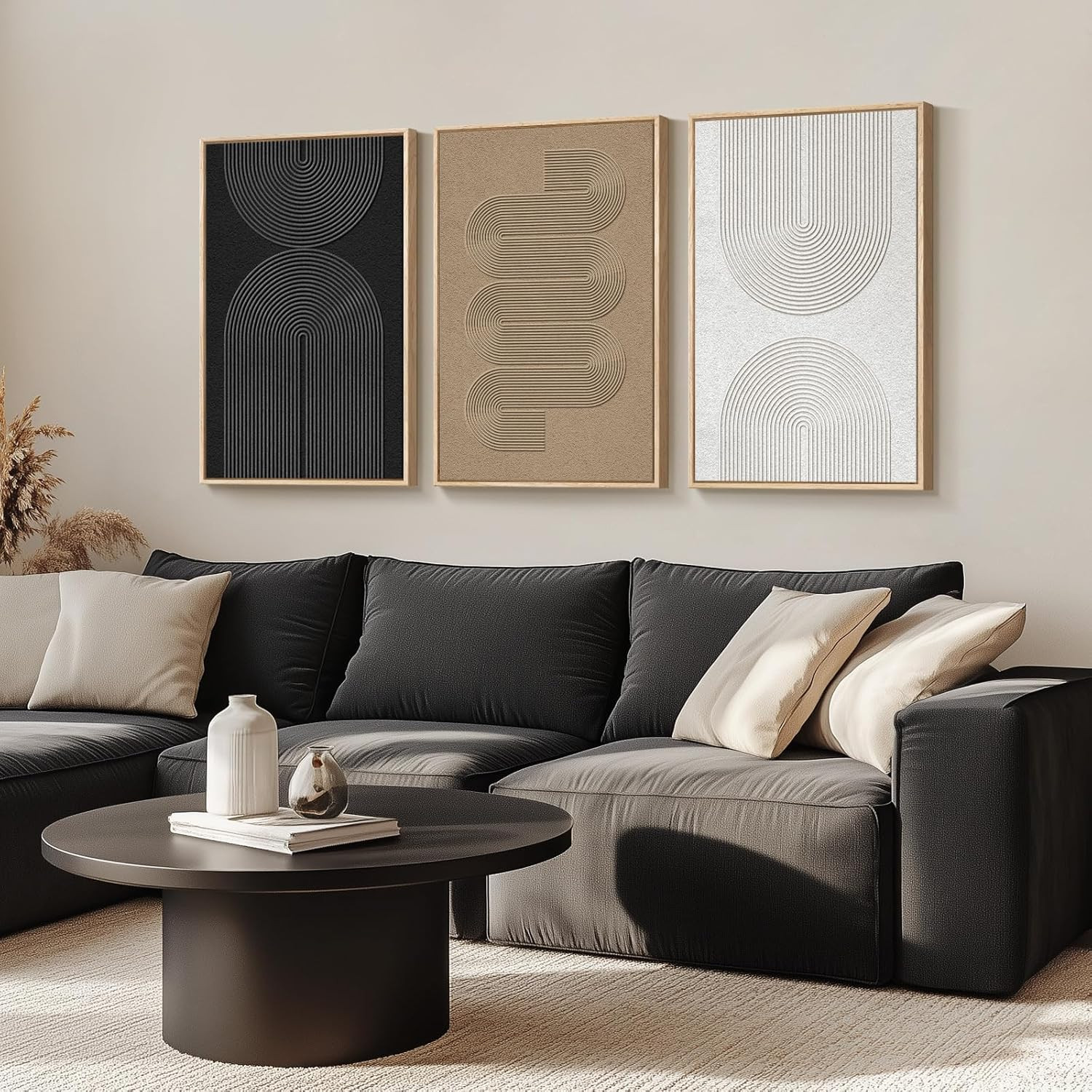 Large Framed Black and White Neutral Abstract Wall Art for Living Room, 3 Piece Boho Canvas Print... | Amazon (US)