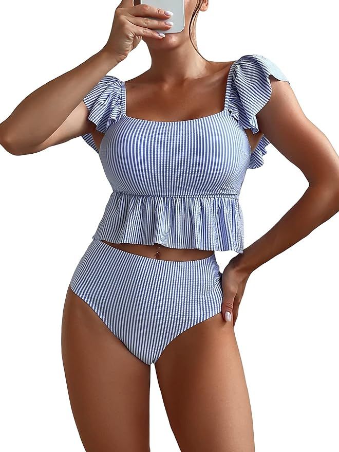SOLY HUX Women's Striped Ruffle Trim Bikini Swimsuit High Waisted 2 Piece Bathing Suit Swimwear | Amazon (US)