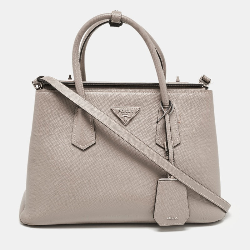 Prada Grey Saffiano Cuir Leather Turnlock Twin Tote | Shop Simon