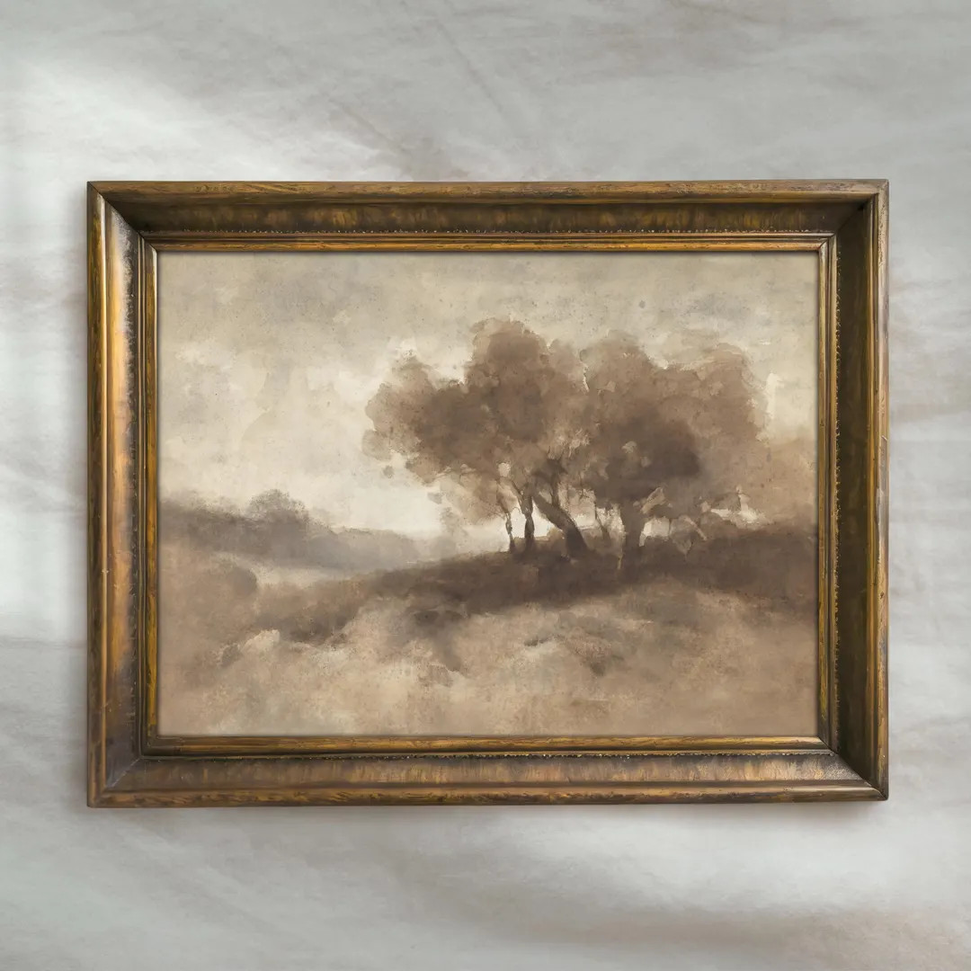 Moody Landscape Painting | Antique Muted Countryside Artwork | Rustic Farmhouse Wall Art | Mailed... | Etsy (US)