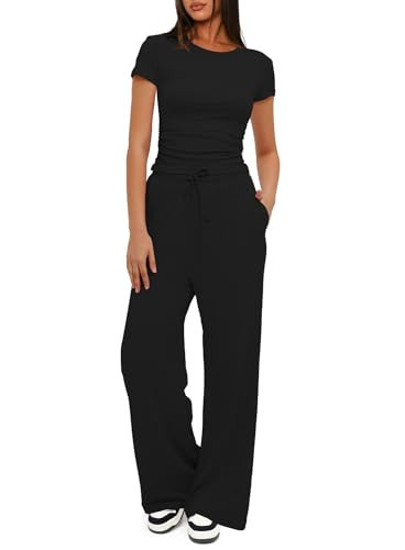 Darong Women's 2 Piece Set Outfits Lounge Sets Ruched Short Sleeve Tops High Waisted Wide Leg Pants Tracksuit Sets 9042A(inseam28-29) Black L | Amazon (US)