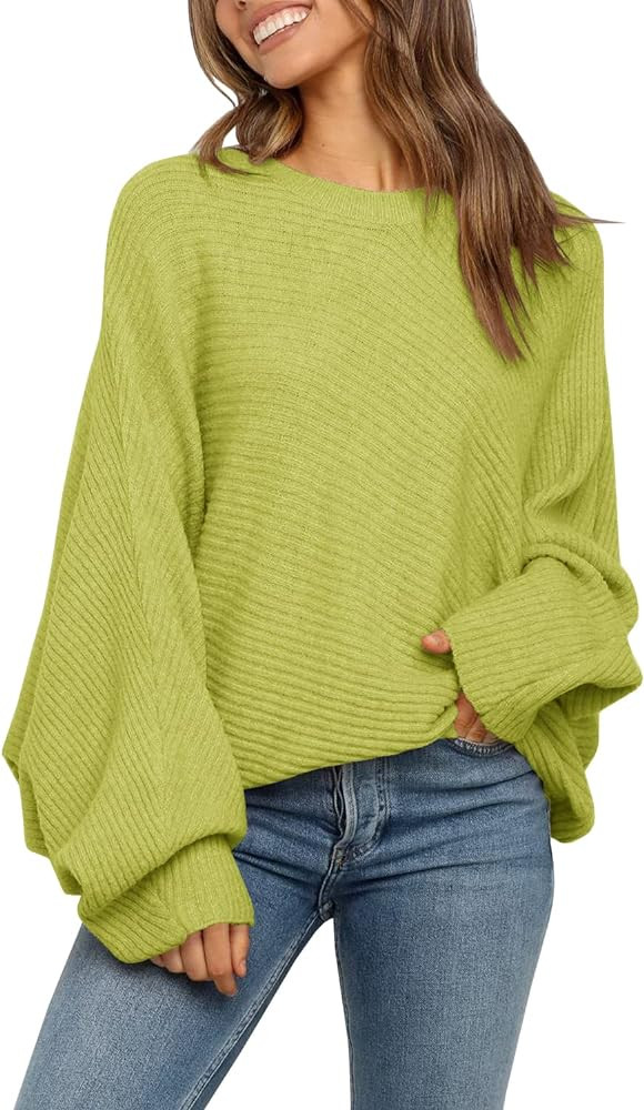 Mafulus Women's Oversized Crewneck Sweater Batwing Puff Long Sleeve Cable Slouchy Pullover Jumper... | Amazon (US)