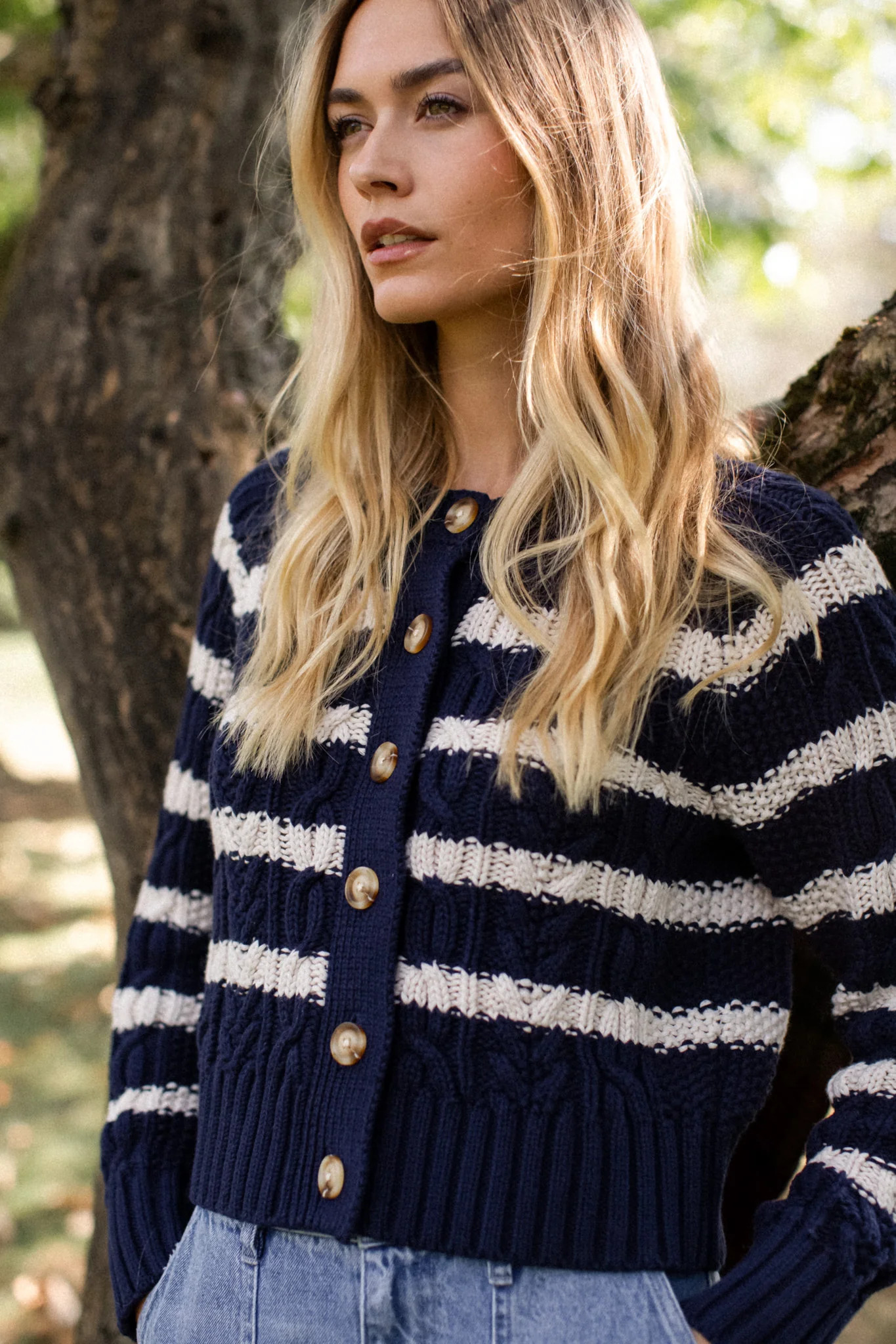 Striped Cable Cardigan - Navy/Ivory Stripe | Marea