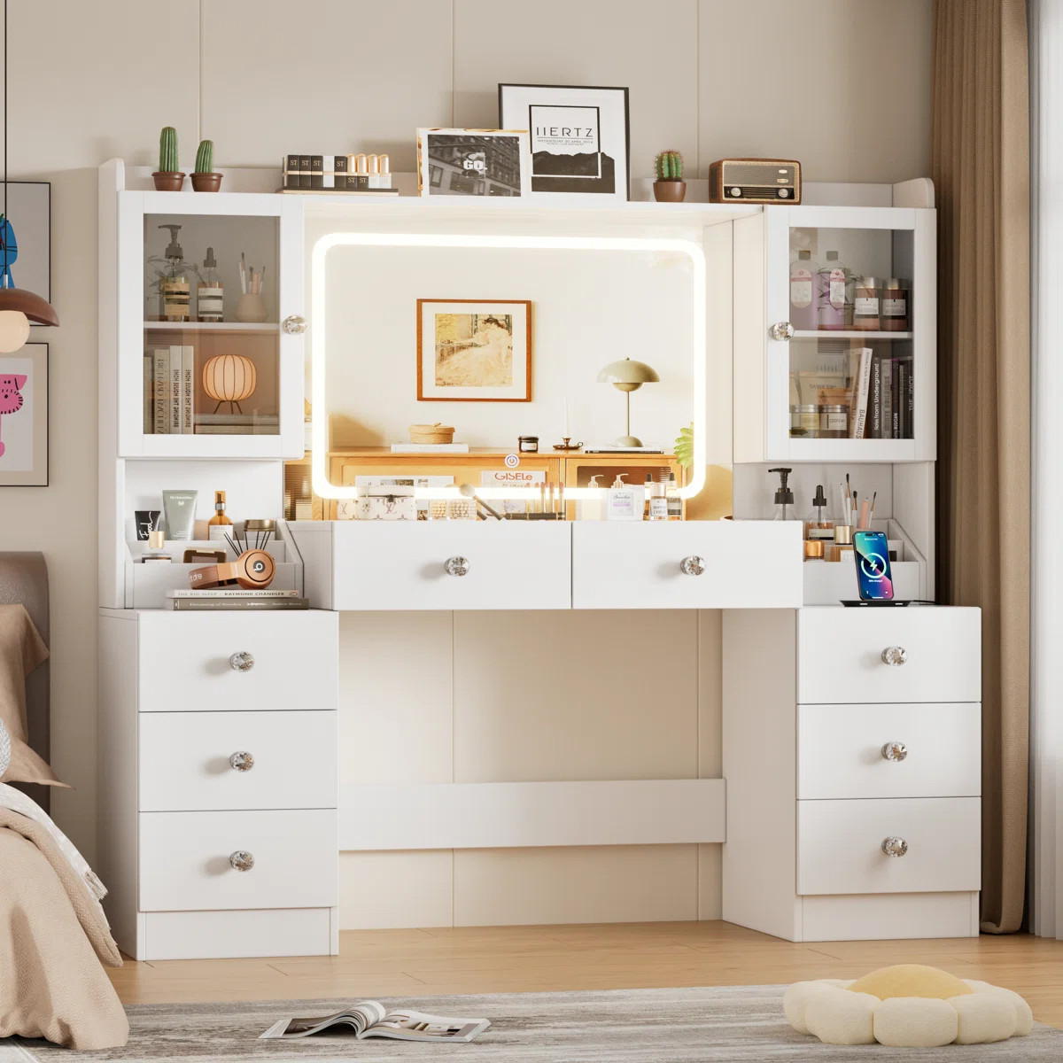 55.1" Large Vanity Desk With Mirror And Lights, Makeup Vanity With Power Outlet And 8 Drawers | Wayfair North America