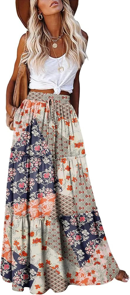 onlypuff Maxi Skirt for Women Boho Western Skirts High Waist Long Skirt with Pockets Fall Festiva... | Amazon (US)