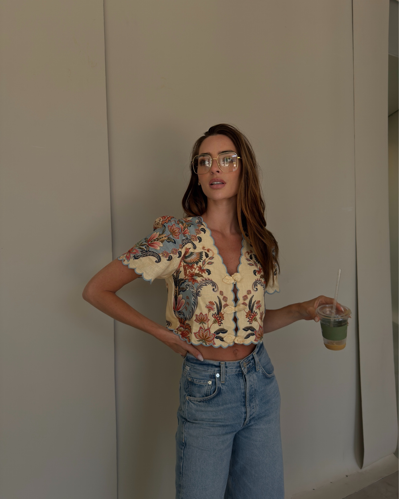 Redone jeans, farm Rio top, gold frame sunglasses, Rene Caovilla Diana sandals 