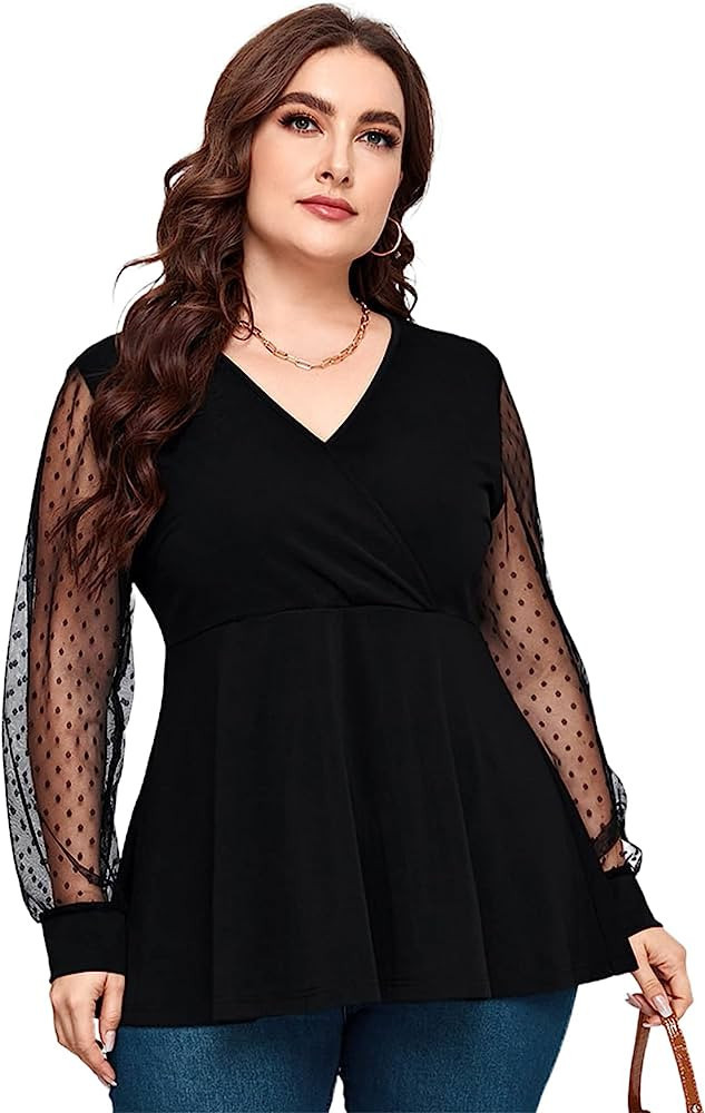 Romwe Women's Plus Size Mesh Long Sleeve Wrap V Neck Ruffle Hem Blouse Peplum Top | Amazon (US)