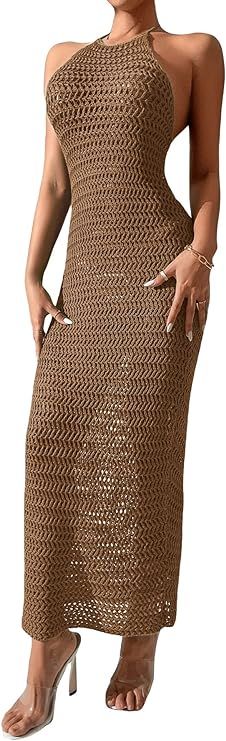 SOLY HUX Women's Summer Crochet Cami Dress Tie Back Backless Halter Bodycon Long Maxi Dresses | Amazon (US)