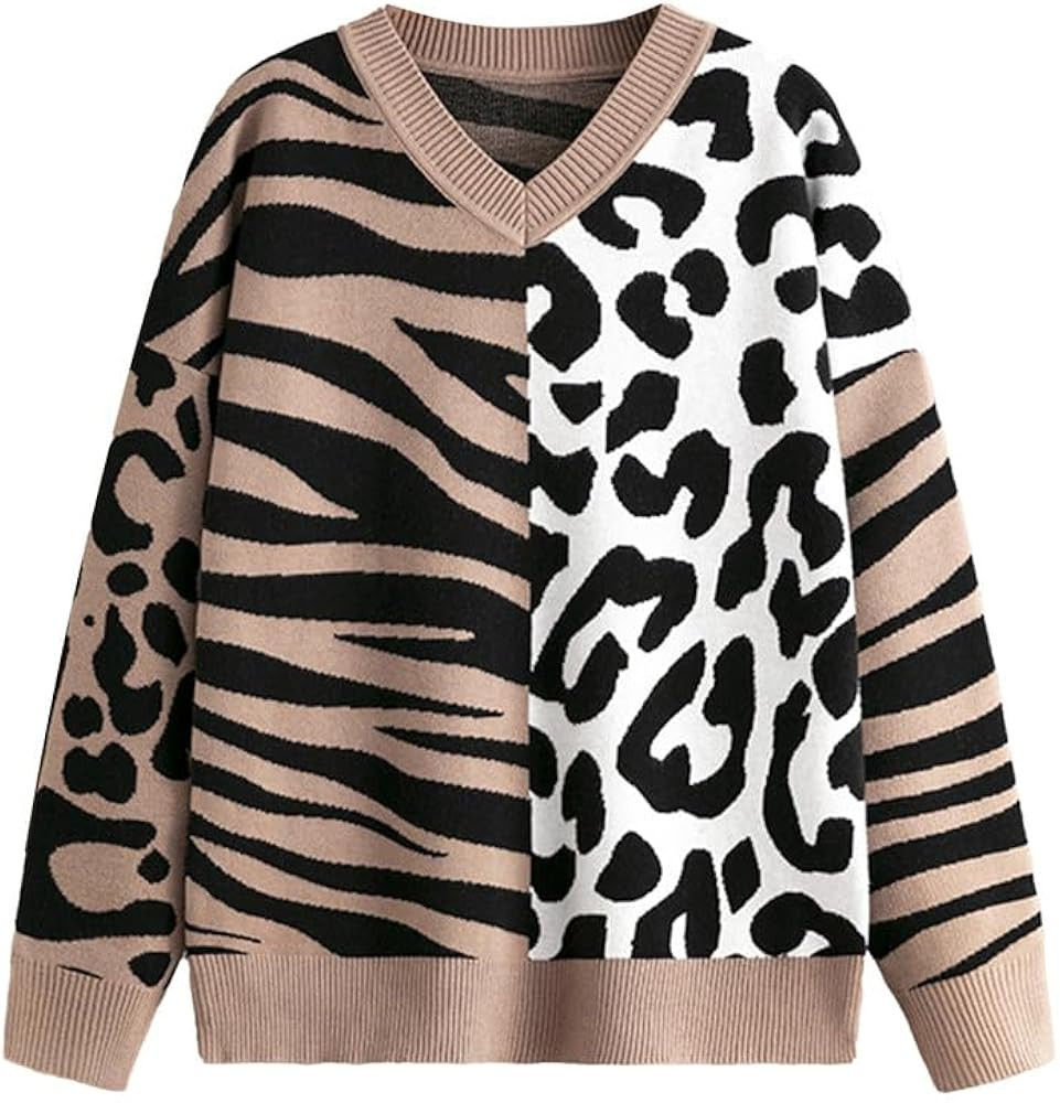 CORIRESHA Women's Cute Leopard Zebra Sweater V-Neck Long Sleeve Color Block Knitted Pullover | Amazon (US)