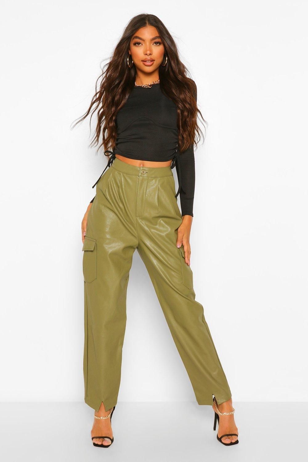 Womens Tall Faux Leather Split Front Slim Fit Pants - Green - 2 | Boohoo.com (US & CA)