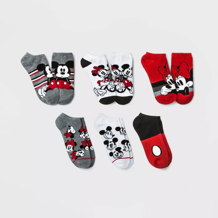 Women's Sparkly Mickey & Minnie Mouse 6pk Low Cut Socks - Black/Red 4-10 | Target