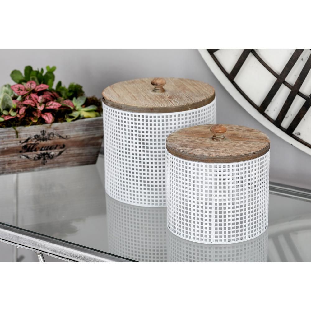 Litton Lane White Iron Mesh Round Canisters with Wooden Lid (Set of 2) 22653 - The Home Depot | The Home Depot