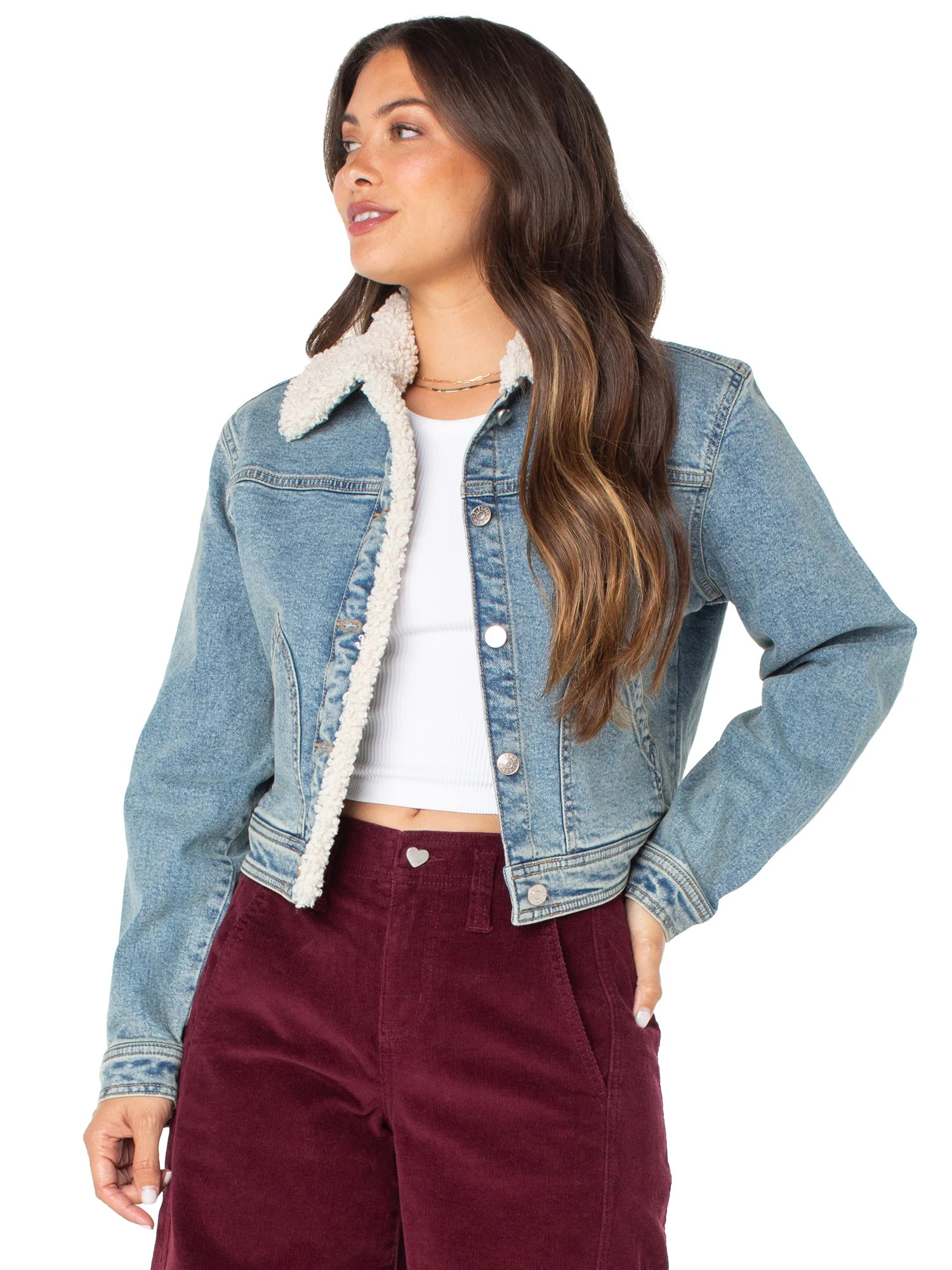 Celebrity Pink Women's and Women's Plus Faux Shearling Denim Jacket, Sizes XS-4X | Walmart (US)