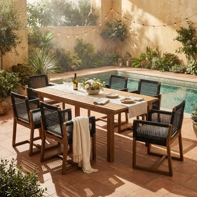 7-Piece Wood Outdoor Dining Set with Extendable Table and Black Woven Rope Chairs, Modern Patio Dining Furniture for Backyard or Poolside-Panipeachy | Target