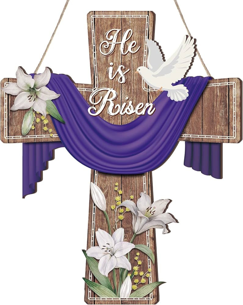 He is Risen Door Sign Easter Religious Cross Sign Easter Wooden Hanging Decorations Christian Lil... | Amazon (US)