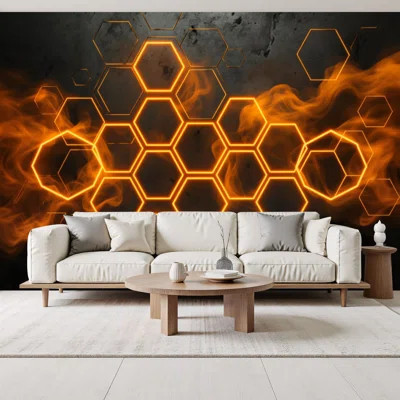 Futuristic Peel and Stick Wallpaper Abstract Honeycomb Design Fiery Orange Glow Dark Wall Murals 69"H x 96"W Removable PVC Wall Paper Self-Adhesive Wa | Wayfair North America