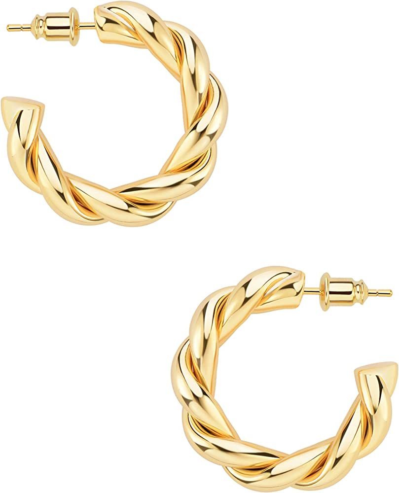 Wowshow Gold Hoop Earrings 14k Gold Plated Twisted Rope Round Chunky Hoop Earrings Gift for Women | Amazon (US)