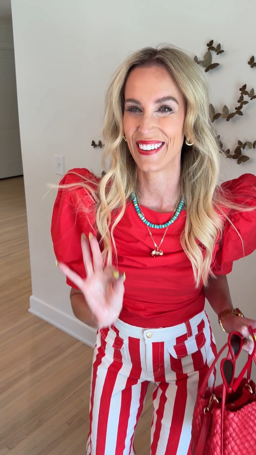 Love these Amazon striped jeans with this red blouse!