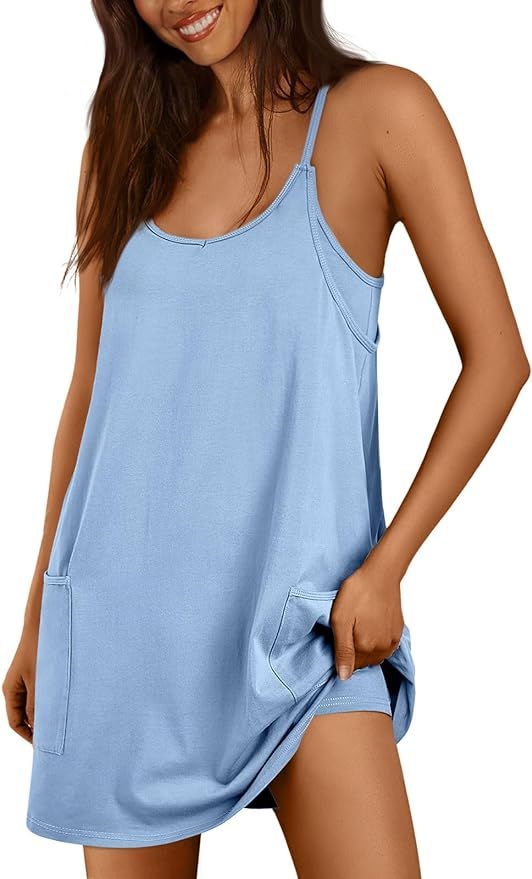 AUTOMET Womens Casual Summer Sleeveless Mini Sundress Spaghetti Strap Short Dresses with Pockets ... | Amazon (US)