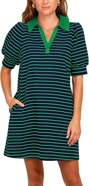 Yousify Women's Summer Lapel Collared V Neck Striped Dress Casual Puff Short Sleeve Polo Tshirt D... | Amazon (US)