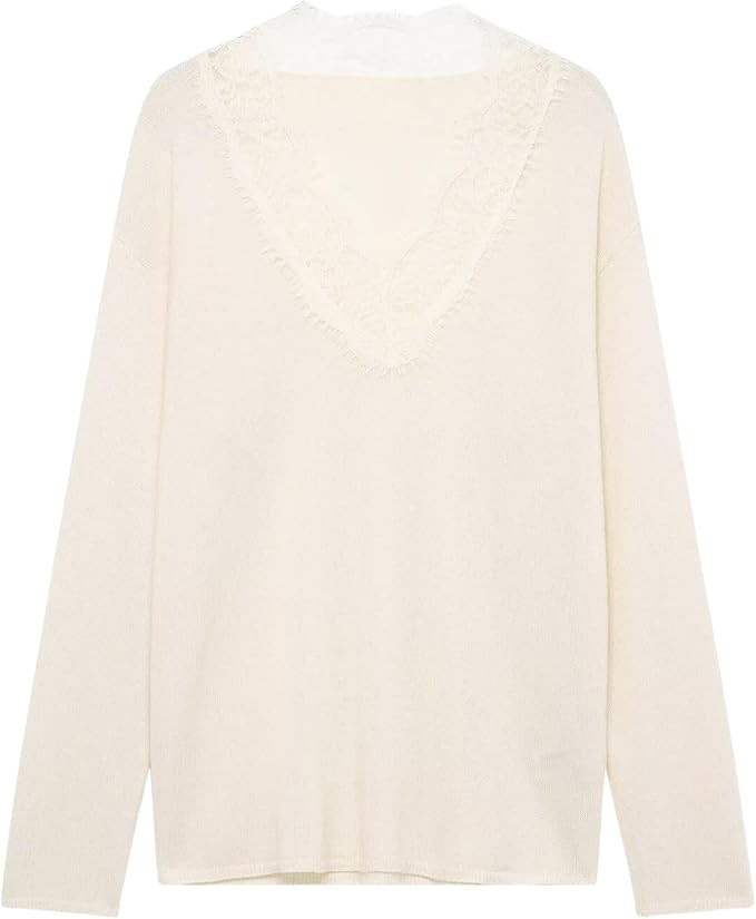 FindThy Women’s Lace Knit Sweater Trendy V Neck Long Sleeve Solid Color Loose Pullover Sweater ... | Amazon (US)