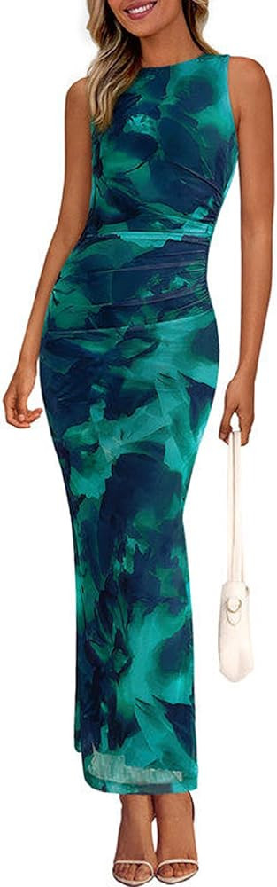 PRETTYGARDEN Womens Summer Wedding Guest Dress 2026 Spring Mesh Sleeveless Bodycon Ruched Floral ... | Amazon (US)