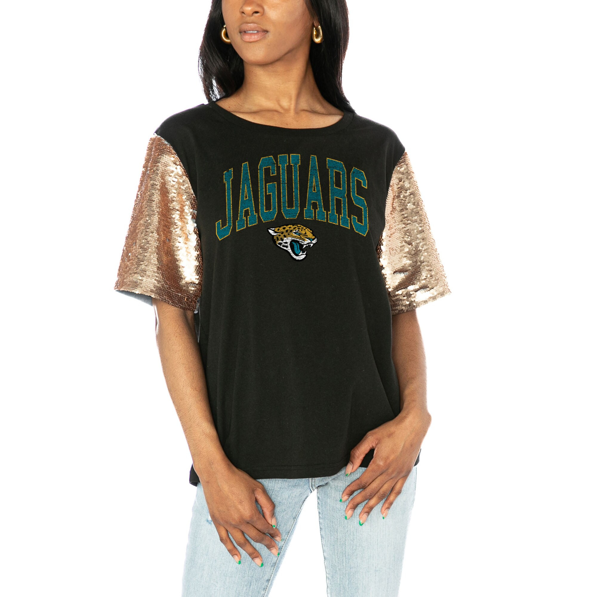 Jacksonville Jaguars Gameday Couture Women's Glamazon Flip Sequin Sleeve T-Shirt - Black | Fanatics