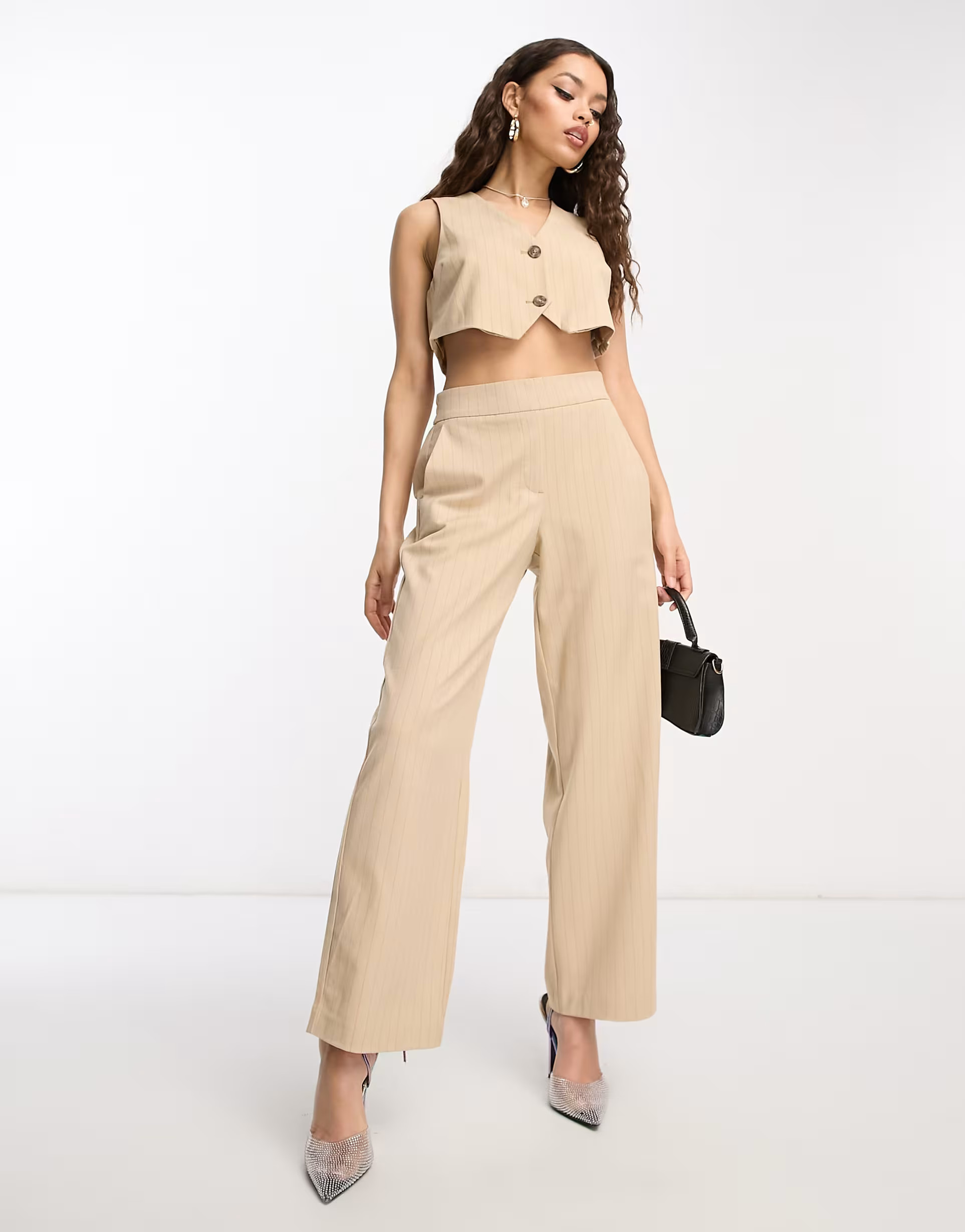 Vero Moda Petite tailored pinstripe wide leg pants in cream - part of a set | ASOS (Global)