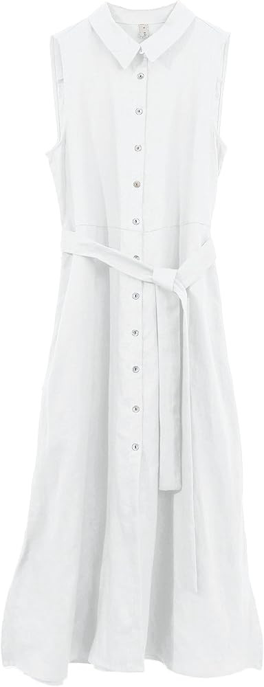 Amazhiyu Womens Pure Linen Summer Button Down Midi Dresses with Pockets and Belt | Amazon (US)