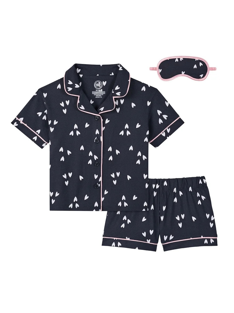 Wonder Nation Girls Short Sleeve Button Front Pajama Top and Shorts Set with Eyemask, 3-Piece, Si... | Walmart (US)