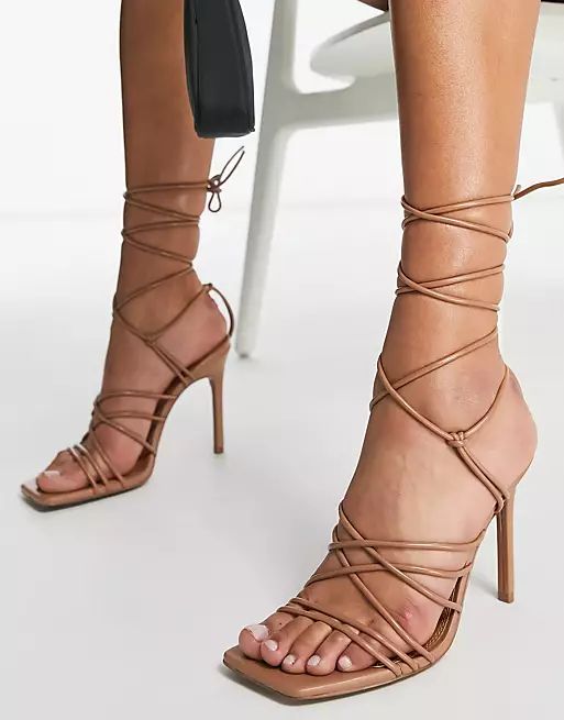 ASOS DESIGN Nina strappy tie leg heeled sandals in beige | ASOS (Global)