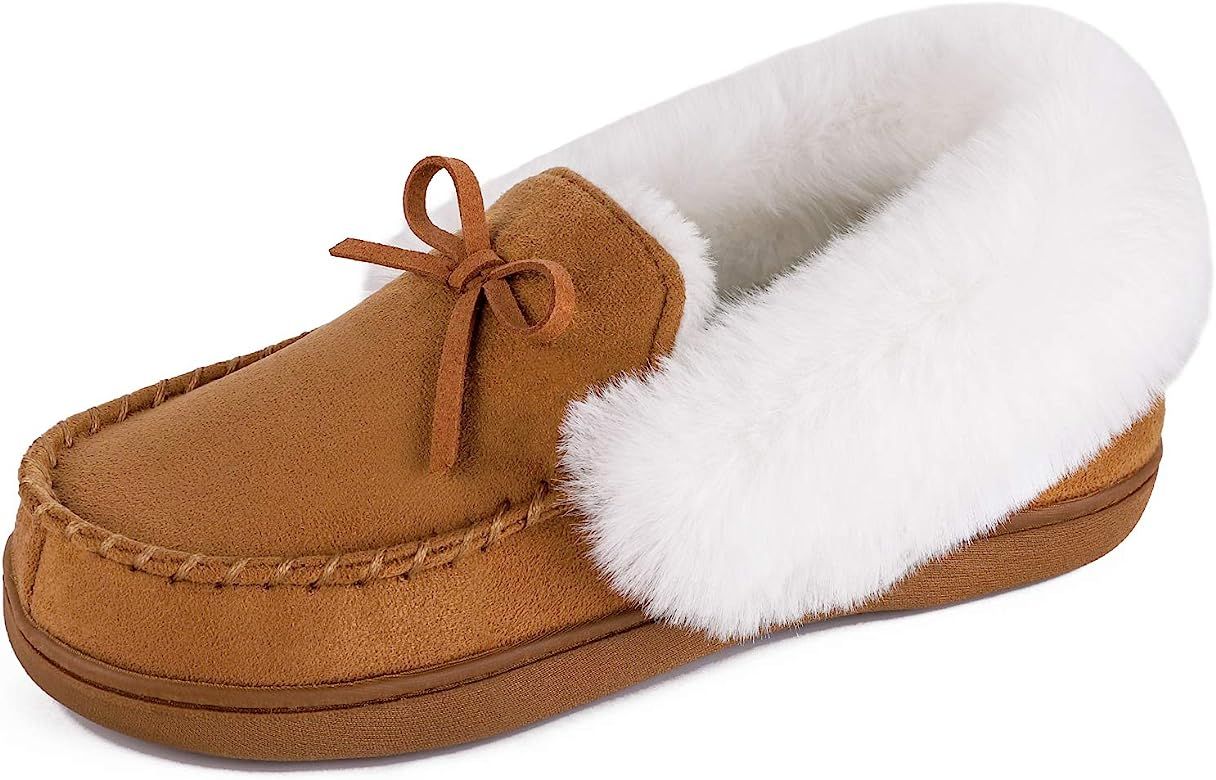 HomeIdeas Women's Faux Fur Lined Suede Moccasin Memory Foam House Slippers, Fuzzy Warm Indoor Outdoo | Amazon (US)