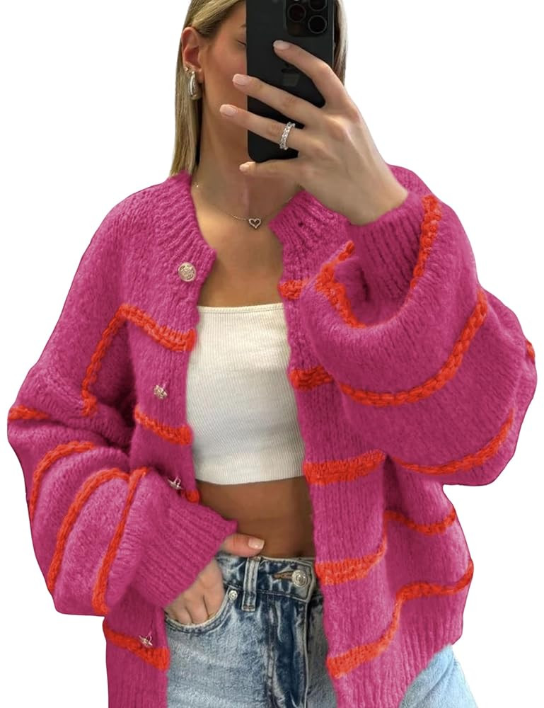 QIBABU Womens Striped Cardigan Sweaters Casual Open Front Long Sleeve Button Down Knit Outwear | Amazon (US)