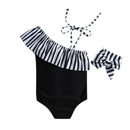 Toddler Kids Baby Girls Swimwear Patchwork Striped Summer Bathing With Headbands Swimsuit Set Black 6 Months-12 Months | Walmart (US)