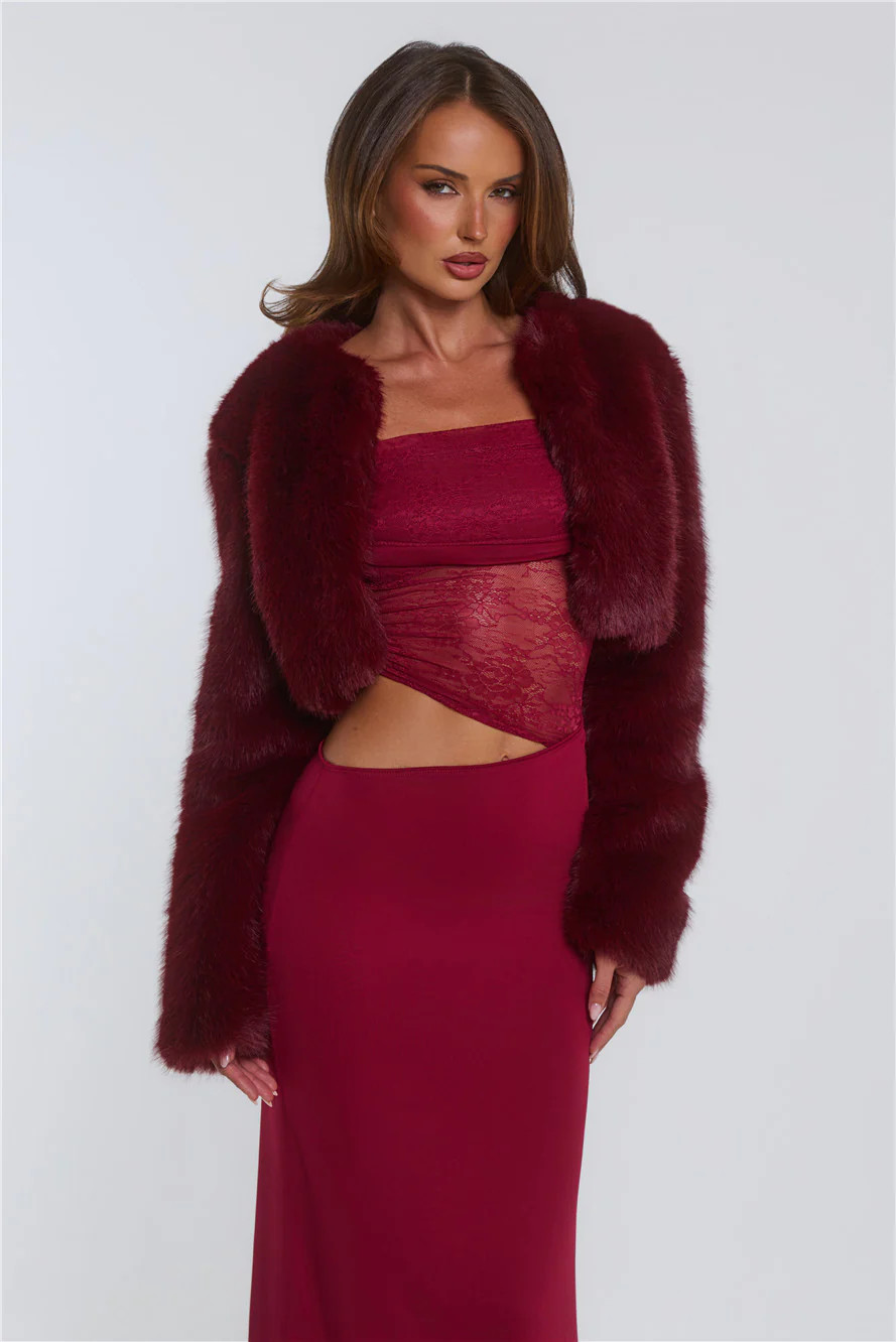 St Moritz Soirée Faux Fur Cropped Jacket Wine | Hello Molly (US)