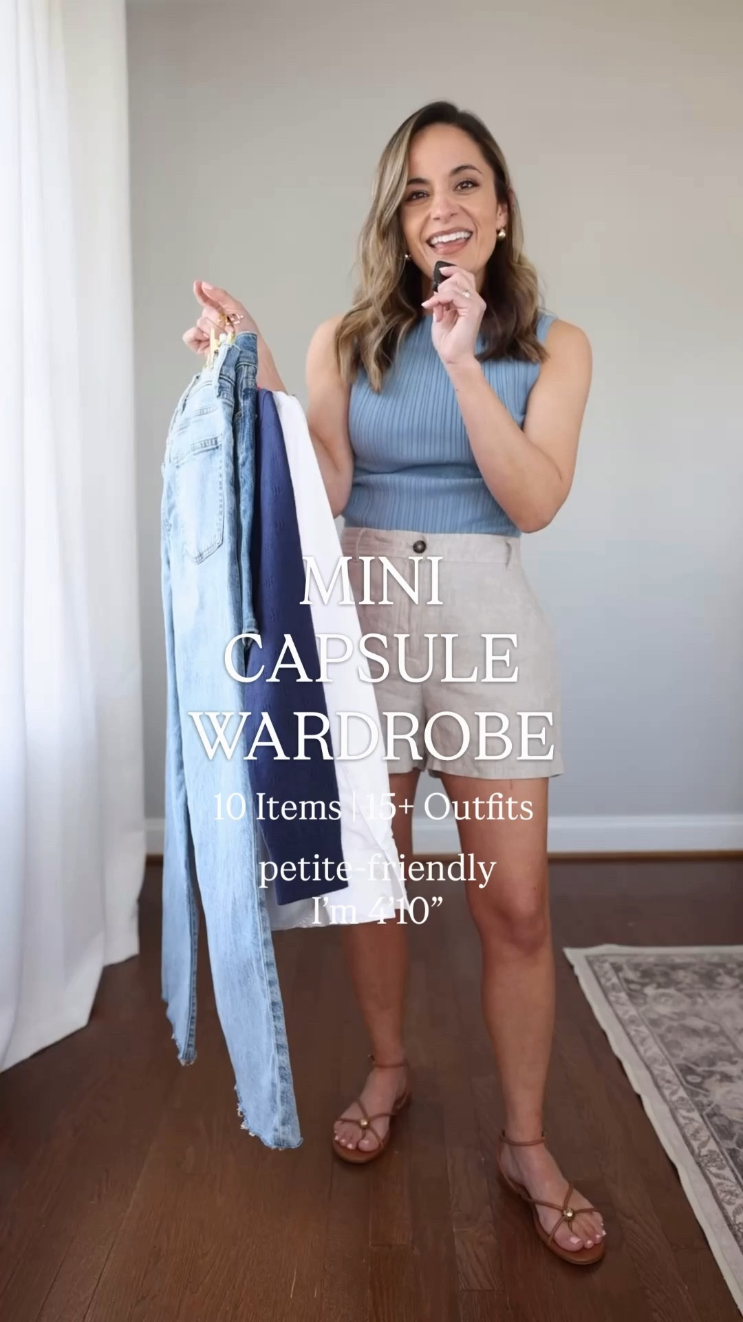 A mini capsule wardrobe for summer with 10 items and 15+ outfits! 

Bottoms (3) 
Light wash jeans: 24 classic - 26.5” inseam 
Denim shorts: 25 - sized up 
Linen shorts: 0 - fully lined 

Tops (5) 
Red top: xxs 
White peplum top: petite xs 
Navy cardigan: petite xs 
White button down: xs 
Blue tank top: xs 

Shoes (2) 
Sandals: true to size 
Flats: true to size 

My measurements for reference: I’m 4’10” and 105lbs. My bust, waist, and hip measurement is 32”, 24”, and 36”.

#LTKPetite