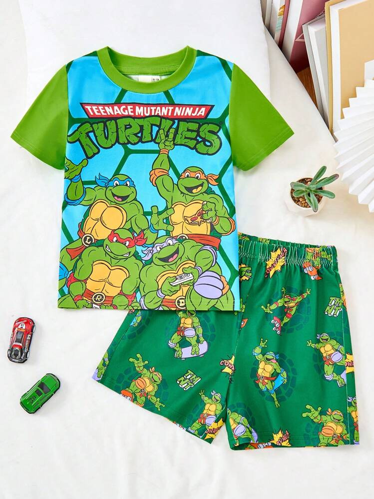 TEENAGE MUTANT NINJA TURTLES | SHEIN Young Boy 2pcs Cartoon Turtle Print T-Shirt And Green Shorts Pajama Set, Casual Sleepwear Suits For All Seasons | SHEIN