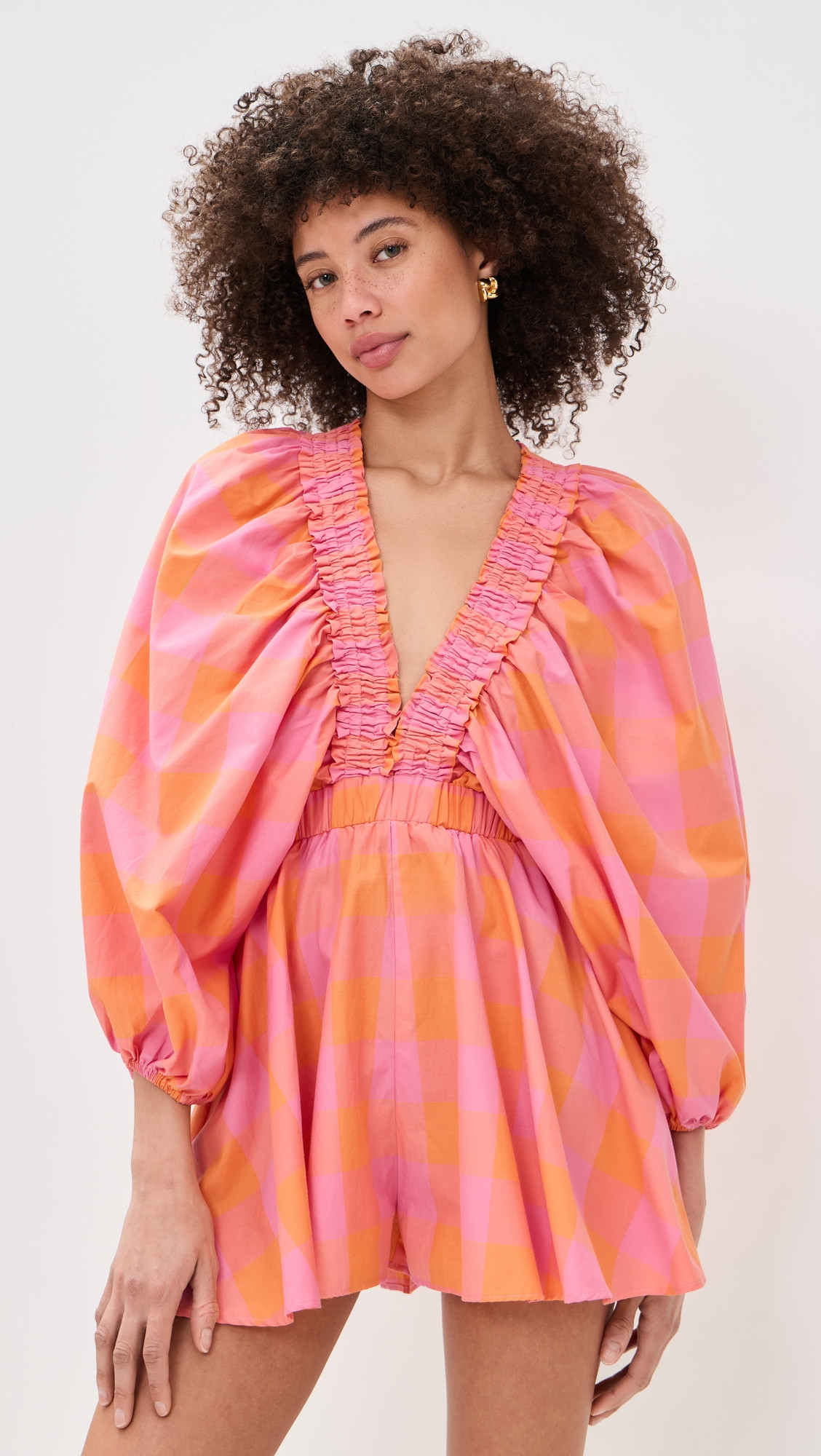 SUNDRESS Alicia Romper Big Gingham Orange And Pink L/XL | Shopbop