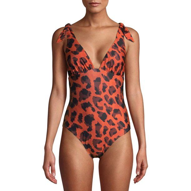 Social Angel Women's Leopard Print Tie Shoulder Plunge Swimsuit | Walmart (US)